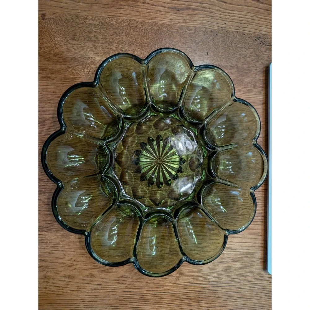 Vintage 1970's  Anchor Hocking Fairfield Avocado Green Glass Deviled Egg Plate